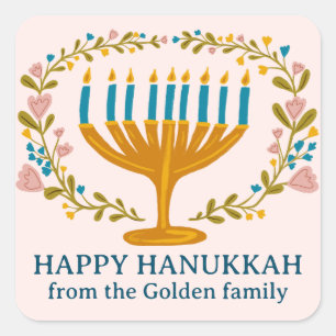 Adesivo Quadrado FELIZ HANUKKAH, Feriado floral judaico