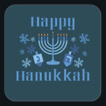 Adesivo Quadrado Feliz Hanukkah Festival Judeu Menorah Dreidel<br><div class="desc">Feliz Hanukkah divertiu palhaços judeus com flocos de neve,  menorah e sonho.</div>
