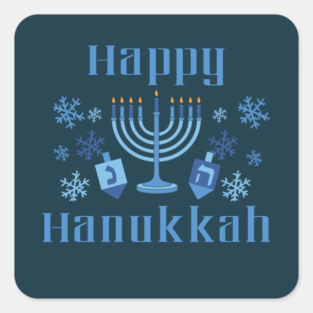 Adesivo Quadrado Feliz Hanukkah Festival Judeu Menorah Dreidel (Frente)