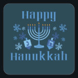 Adesivo Quadrado Feliz Hanukkah Festival Judeu Menorah Dreidel<br><div class="desc">Feliz Hanukkah divertiu palhaços judeus com flocos de neve,  menorah e sonho.</div>