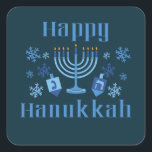 Adesivo Quadrado Feliz Hanukkah Festival Judeu Menorah Dreidel<br><div class="desc">Feliz Hanukkah divertiu palhaços judeus com flocos de neve,  menorah e sonho.</div>