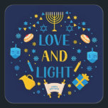 Adesivo Quadrado Feliz Hanukkah, todos os feriados judeus,<br><div class="desc">AMOR E LUZES MENORAH GIFT STAR DE DAVID HANUKKAH</div>