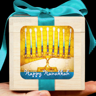 Adesivo Quadrado Feliz Hanukkah Trendy Artsy Amarelo Dourado Menora