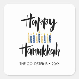 Adesivo Quadrado Feliz Hanukkah velas azul, feriado personalizado a