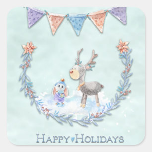 Adesivo Quadrado Feliz Holidays Reindeer Bunny Wreath Scense