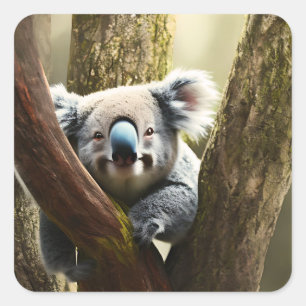 Adesivo Quadrado Feliz Koala Australiano Em Árvore, Stickers