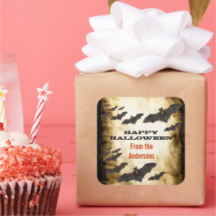 Adesivo Quadrado Feliz Morcego de Halloween e Pergaminho Queimado