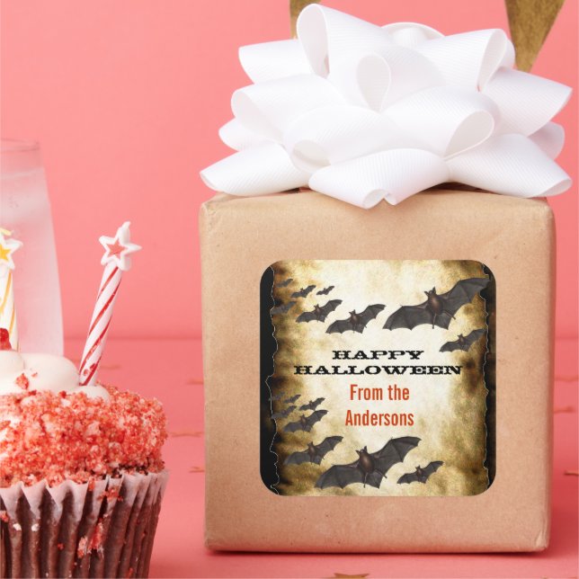 Adesivo Quadrado Feliz Morcego de Halloween e Pergaminho Queimado (Festa)