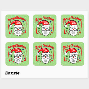 Adesivo Quadrado Feliz Natal 20xx Papai Noel com Chapéu e Brilhos