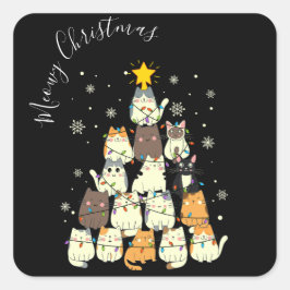Adesivo Quadrado Feliz Natal Árvore de Gatos