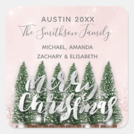 Adesivo Quadrado Feliz Natal Árvore Dourada Rosa Luzes de inverno N