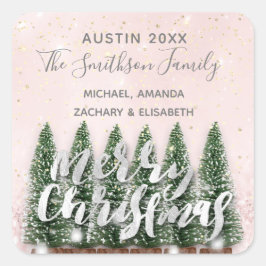 Adesivo Quadrado Feliz Natal Árvore Dourada Rosa Luzes de inverno N