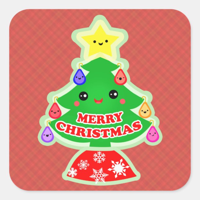 Adesivo Quadrado Feliz Natal Árvore Kawaii Gift Stickers (Frente)