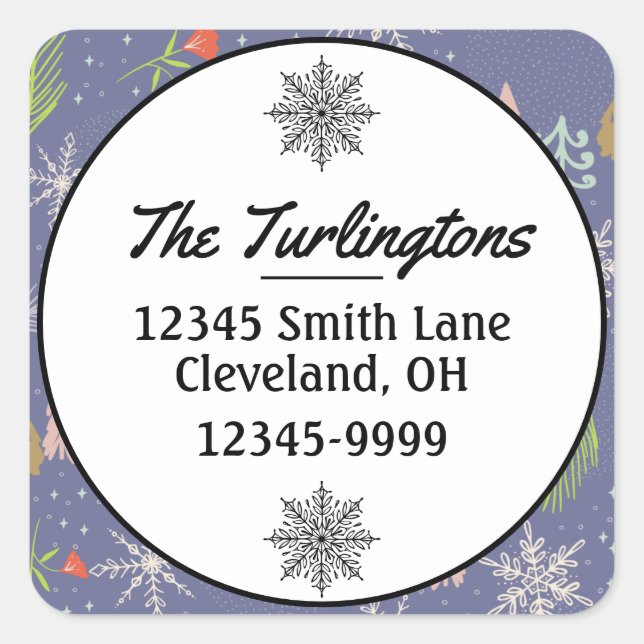 Adesivo Quadrado Feliz Natal Árvores Manuscritas Endereço de Devolu (Frente)