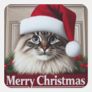 Adesivo Quadrado Feliz Natal Birman Cat, Papais noeis de Natal Gato