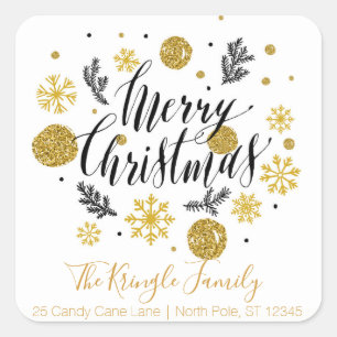 Adesivo Quadrado Feliz Natal Black Dourado Family Return Endereço