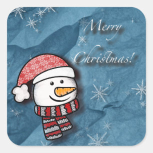 Adesivo Quadrado Feliz Natal, boneco de neve com roupas de tricô