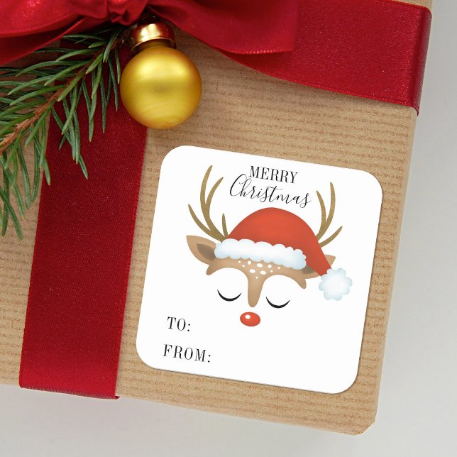 Adesivo Quadrado Feliz Natal - Bonita Reindeer Personalizada (Cute reindeer stickers for your Christmas gift packaging.)