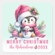 Feliz Natal, Bonito Penguin Mint e Pink Personaliz