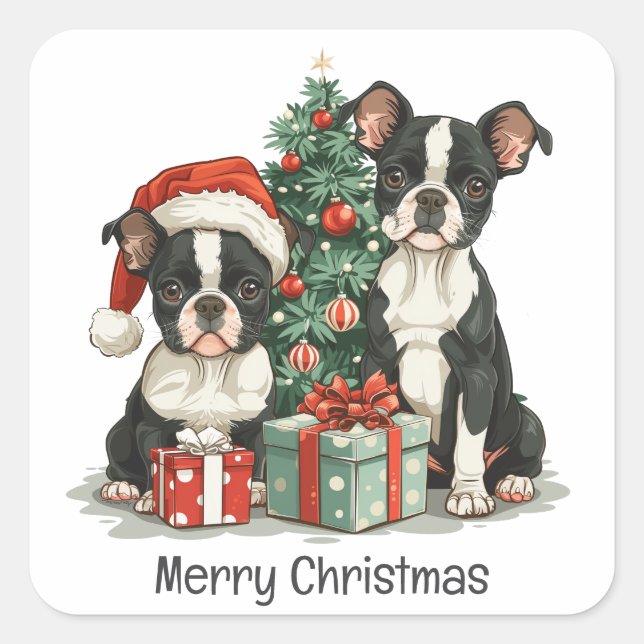 Adesivo Quadrado Feliz Natal - Boston Terrier Dogs (Frente)