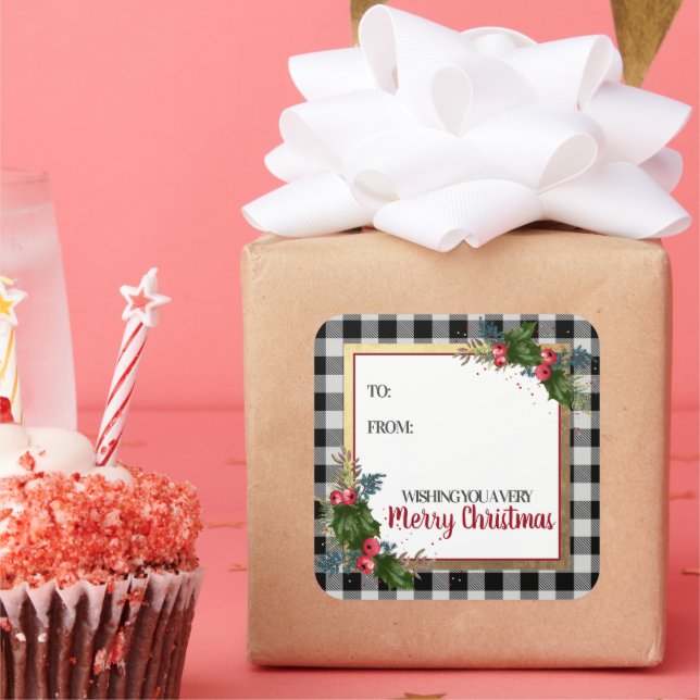Adesivo Quadrado Feliz Natal Buffalo Check Watercolor Holly (Festa)