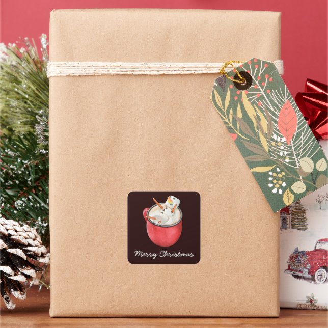 Adesivo Quadrado Feliz Natal Cacau Quente Marshmallow Snowman (Feriado)