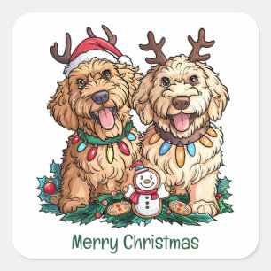 Adesivo Quadrado Feliz Natal Cachorros de Goldendoodle
