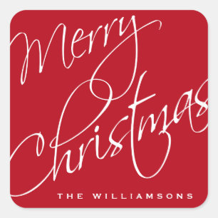 Adesivo Quadrado Feliz Natal, Caligrafia, Script Vermelho