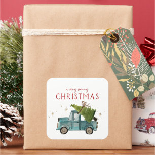 Adesivo Quadrado Feliz Natal Caminhão Azul de Natal em Aquarela
