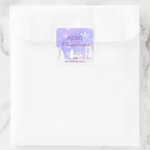 Adesivo Quadrado Feliz Natal Casa de Neve Roxo Branco