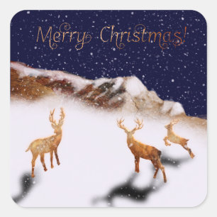 Adesivo Quadrado Feliz Natal - cervos de madeira e montanhas na nev