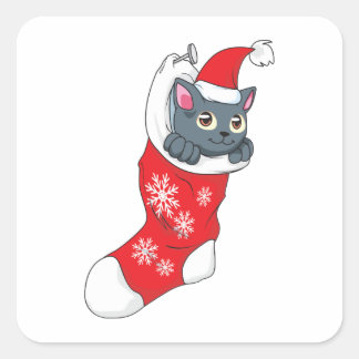 Adesivo Quadrado Feliz Natal Cinza Kitten Cat Red Stocks Cinza