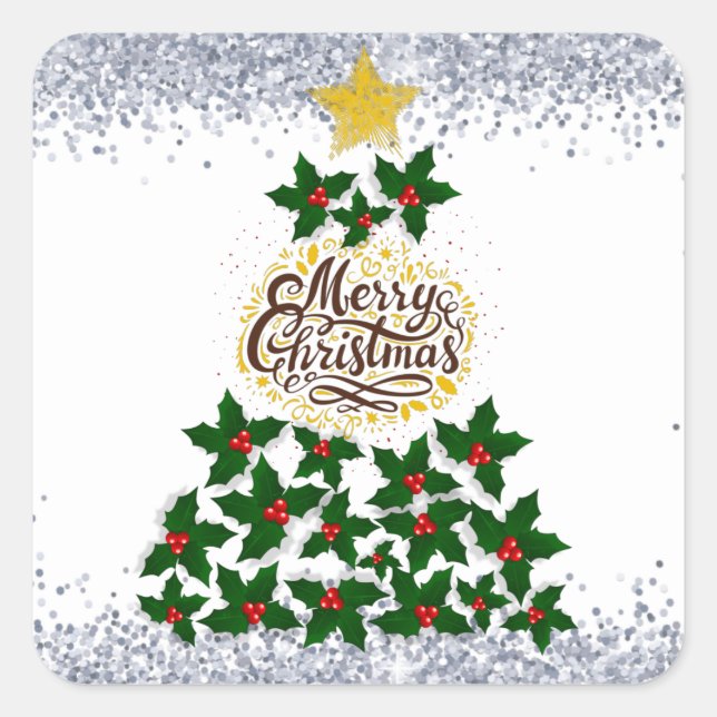 Adesivo Quadrado Feliz Natal com árvore de Natal (Frente)