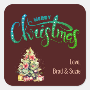 Adesivo Quadrado Feliz Natal com Tree Personated Sticker Tag