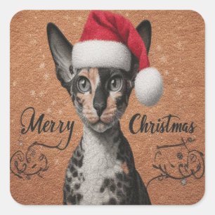 Adesivo Quadrado Feliz Natal Cornish rex Cat, Gatinho de Papais noe