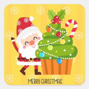 Adesivo Quadrado Feliz Natal Cupcake de Papais noeis Festivos