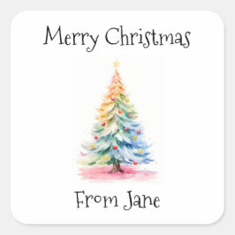 Adesivo Quadrado Feliz Natal da Árvore de Aquarela Arco-Íris