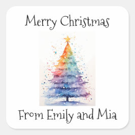 Adesivo Quadrado Feliz Natal da Árvore de Aquarela Arco-Íris