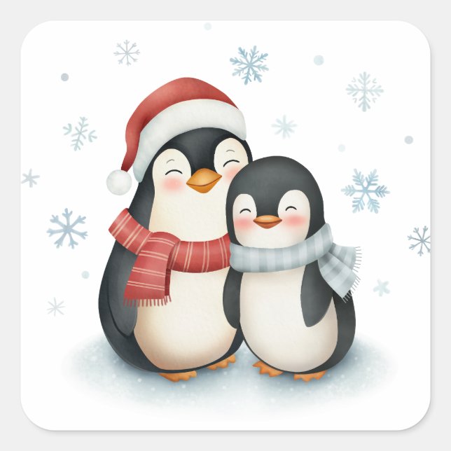 Adesivo Quadrado Feliz Natal da Família Penguin, no inverno (Frente)