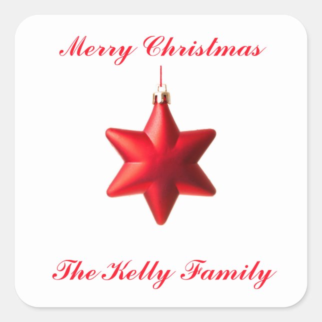 Adesivo Quadrado Feliz Natal, decoração de estrelas vermelhas com t (Frente)