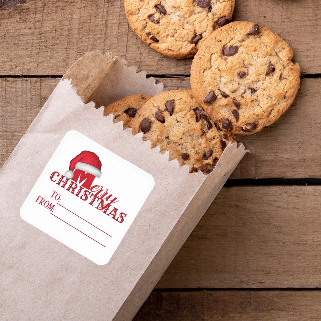 Adesivo Quadrado Feliz Natal do Pai Natal Engraçado para (Merry Christmas to and from Santa hat stickers. )