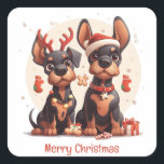 Adesivo Quadrado Feliz Natal Dobermann Dogs<br><div class="desc">Uma bela ilustração cartoon dos cães Dobermann vestidos para o Natal. Perfeito para amantes de animais de estimação ou pais de cães durante o feriado.</div>