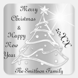 Adesivo Quadrado Feliz Natal e Feliz ano novo Prata de Cinzas