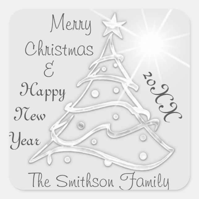 Adesivo Quadrado Feliz Natal e Feliz ano novo Prata de Cinzas (Frente)