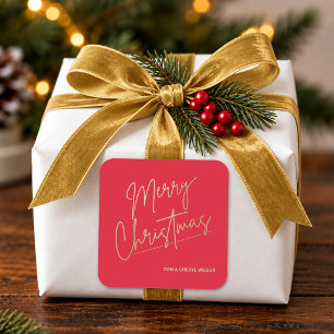 Adesivo Quadrado Feliz Natal em Dourado sobre Vermelho