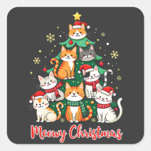 Adesivo Quadrado Feliz Natal Engraçado Catmas Kitten Árvore de Nata