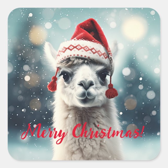 Adesivo Quadrado Feliz Natal Engraçado, Cute Lllama Alpaca Santa Ha (Frente)