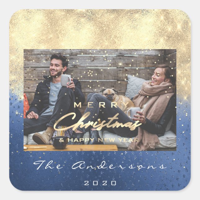 Adesivo Quadrado Feliz Natal Feliz Ano Estrelas Foto Dourada Azul (Frente)