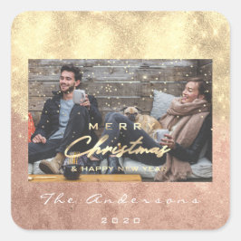 Adesivo Quadrado Feliz Natal Feliz Ano Estrelas Rosa Foto Dourada