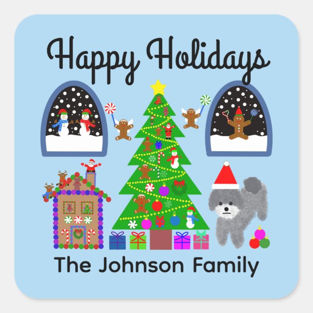 Adesivo Quadrado Feliz Natal Feriados Cinza Poodles Natal #6 Sticke (Frente)